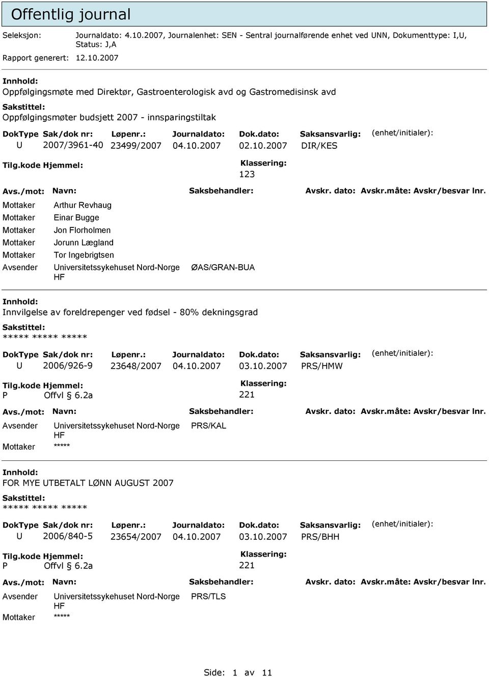 2007 nnhold: Oppfølgingsmøte med Direktør, Gastroenterologisk avd og Gastromedisinsk avd Oppfølgingsmøter budsjett 2007 - innsparingstiltak 2007/3961-40 23499/2007 DR/KES