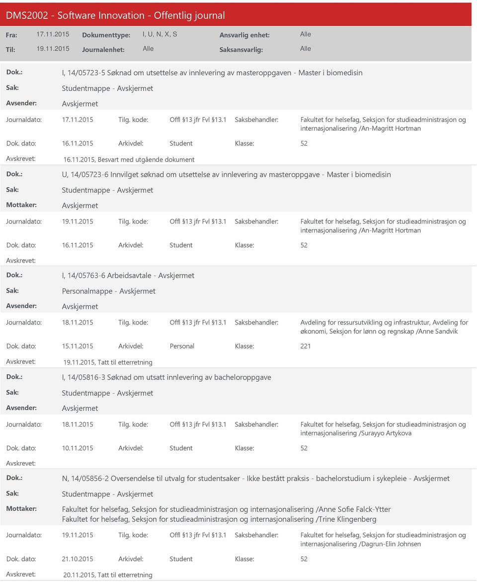 2015, Besvart med utgående dokument, 14/05723-6 Innvilget søknad om utsettelse av innlevering av masteroppgave - Master i biomedisin Studentmappe - internasjonalisering /An-Magritt Hortman 16.11.