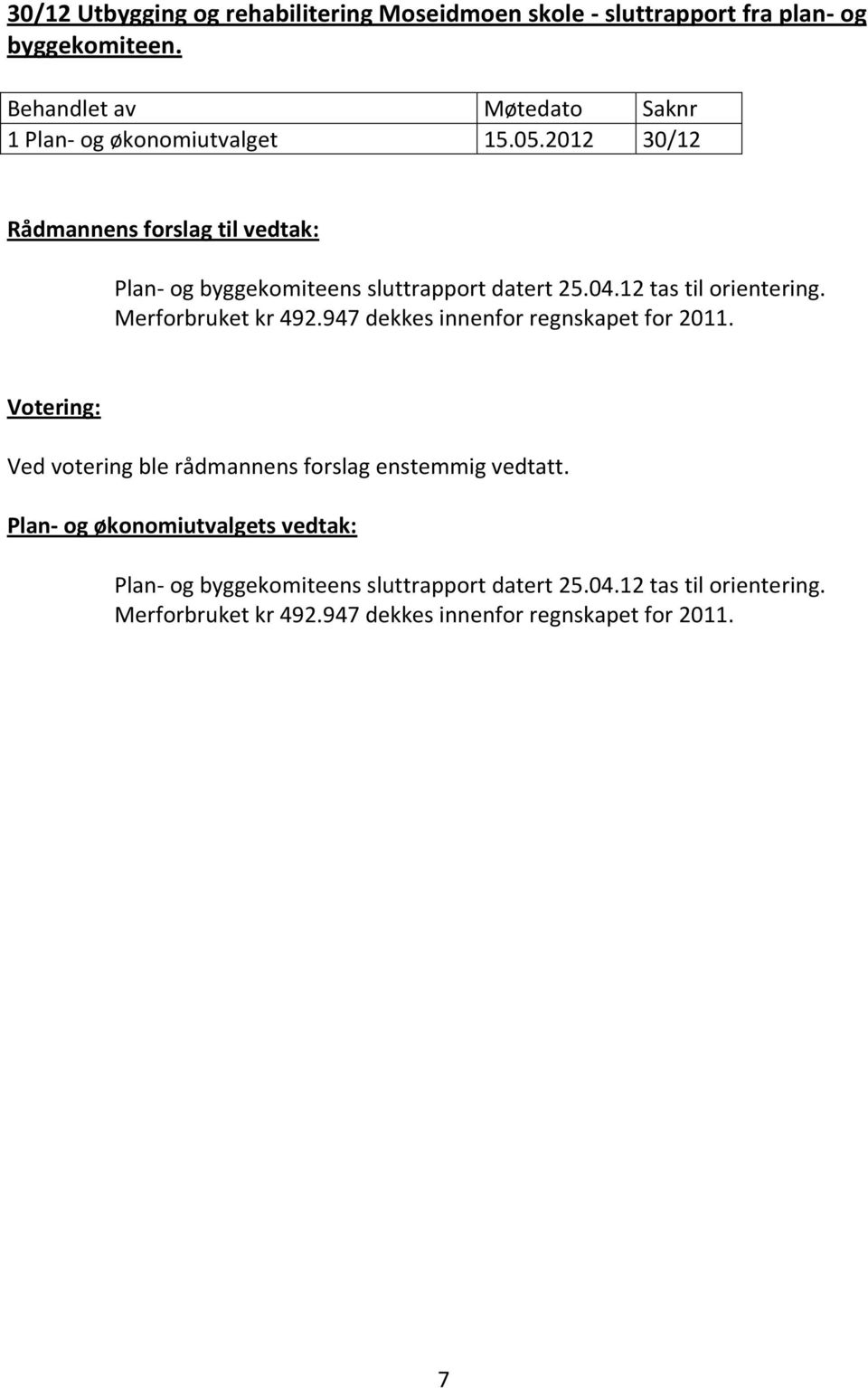 Merforbruket kr 492.947 dekkes innenfor regnskapet for 2011. Ved votering ble rådmannens forslag enstemmig vedtatt.