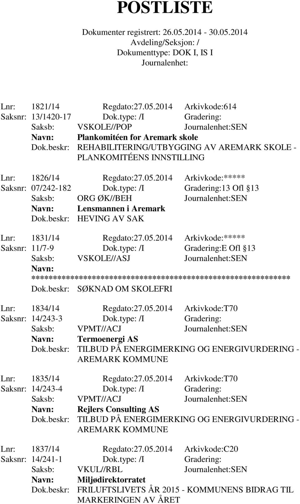 type: /I Gradering:13 Ofl 13 Saksb: ORG ØK//BEH SEN Lensmannen i Aremark Dok.beskr: HEVING AV SAK Lnr: 1831/14 Regdato:27.05.2014 Arkivkode:***** Saksnr: 11/7-9 Dok.