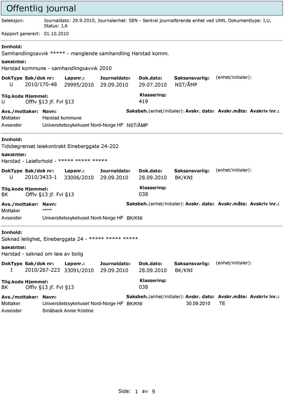 2010 Mottaker Harstad kommune niversitetssykehuset Nord-Norge HF Tidsbegrenset leiekontrakt Eineberggate 24-202 Harstad - Leieforhold - ***** ***** ***** 2010/3433-1