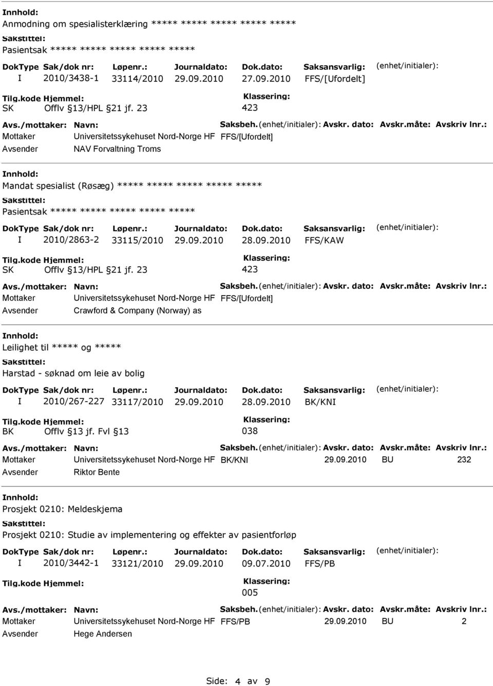 2010/2863-2 33115/2010 FFS/KAW Mottaker niversitetssykehuset Nord-Norge HF FFS/[fordelt] Crawford & Company (Norway) as Leilighet til ***** og ***** 2010/267-227 33117/2010 /KN Mottaker