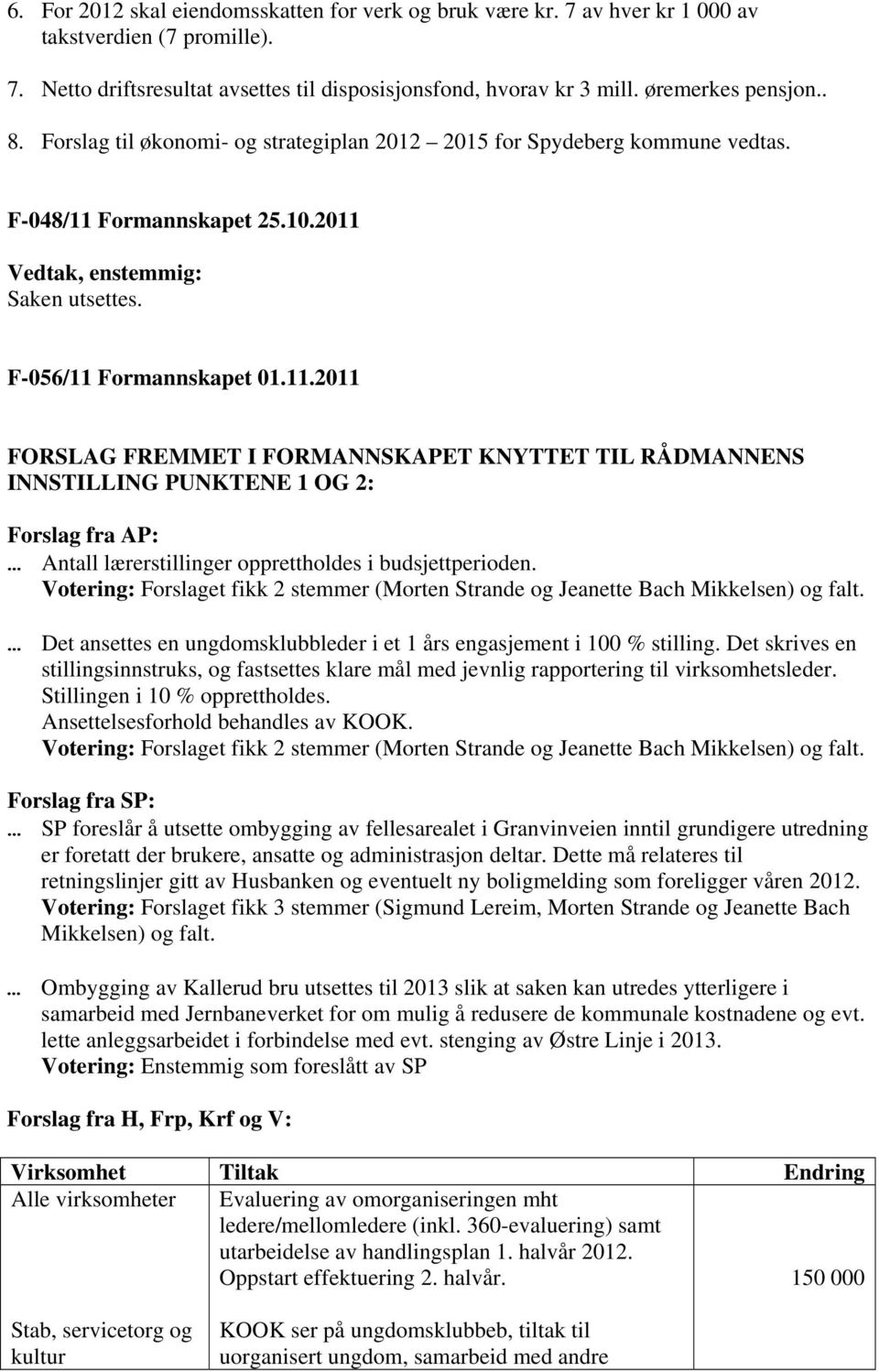 Formannskapet 25.10.2011 Vedtak, enstemmig: Saken utsettes. F-056/11 Formannskapet 01.11.2011 FORSLAG FREMMET I FORMANNSKAPET KNYTTET TIL RÅDMANNENS INNSTILLING PUNKTENE 1 OG 2: Forslag fra AP: Antall lærerstillinger opprettholdes i budsjettperioden.