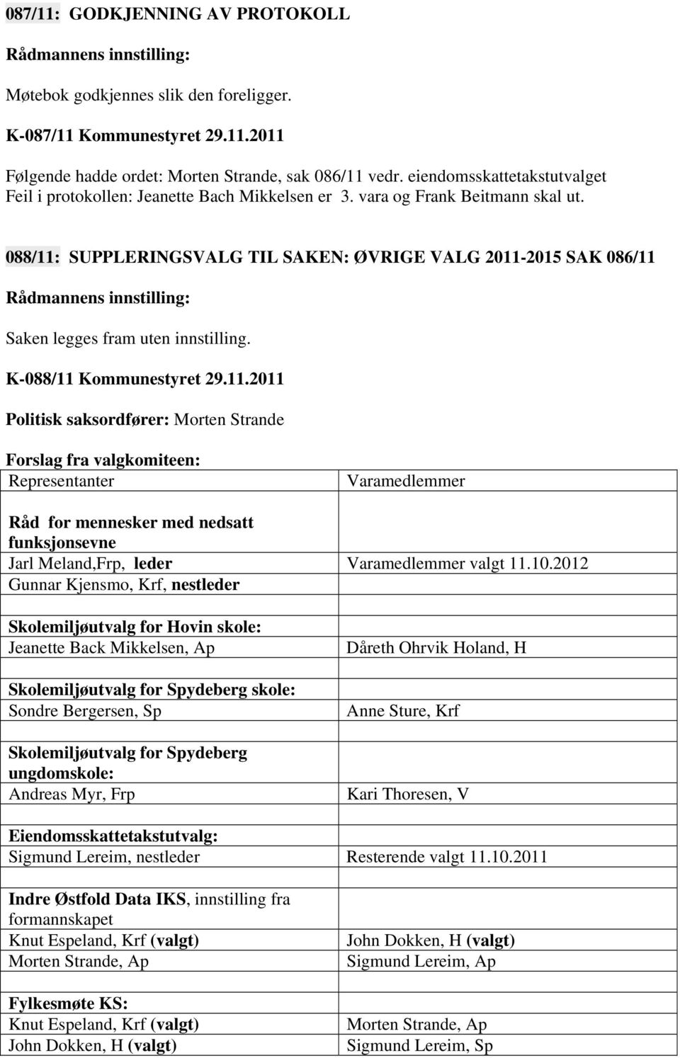 088/11: SUPPLERINGSVALG TIL SAKEN: ØVRIGE VALG 2011-2015 SAK 086/11 Rådmannens innstilling: Saken legges fram uten innstilling. K-088/11 Kommunestyret 29.11.2011 Politisk saksordfører: Morten Strande Forslag fra valgkomiteen: Representanter Varamedlemmer Råd for mennesker med nedsatt funksjonsevne Jarl Meland,Frp, leder Varamedlemmer valgt 11.