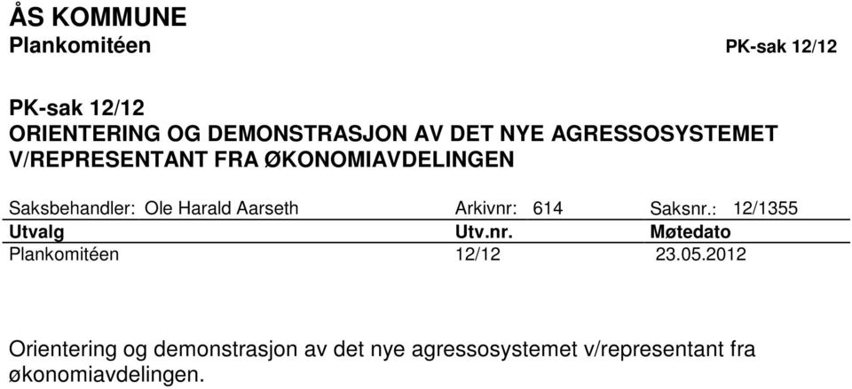 Aarseth Arkivnr: 614 Saksnr.: 12/1355 Utvalg Utv.nr. Møtedato Plankomitéen 12/12 23.05.