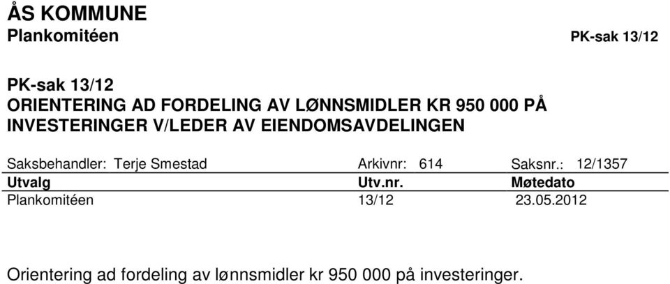 Saksbehandler: Terje Smestad Arkivnr: 614 Saksnr.: 12/1357 Utvalg Utv.nr. Møtedato Plankomitéen 13/12 23.