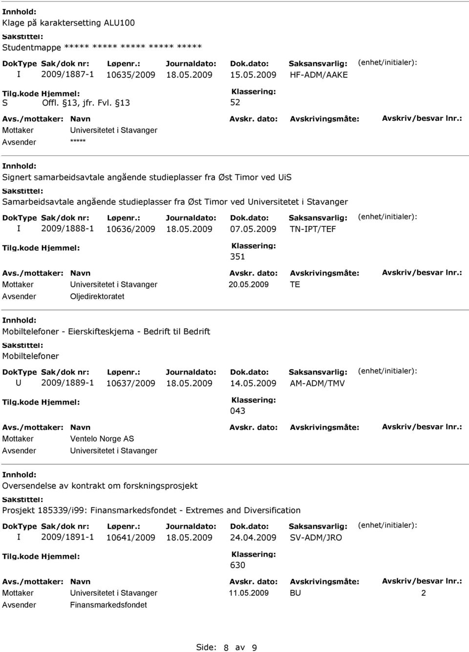 tavanger 2009/1888-1 10636/2009 07.05.2009 TN-T/TEF 351 Mottaker niversitetet i tavanger 20.05.2009 TE Oljedirektoratet Mobiltelefoner - Eierskifteskjema - Bedrift til Bedrift Mobiltelefoner 2009/1889-1 10637/2009 14.