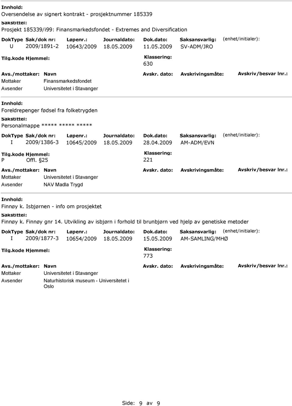 04.2009 AM-ADM/EVN Mottaker niversitetet i tavanger NAV Madla Trygd Finnøy k. sbjørnen - info om prosjektet Finnøy k. Finnøy gnr 14.