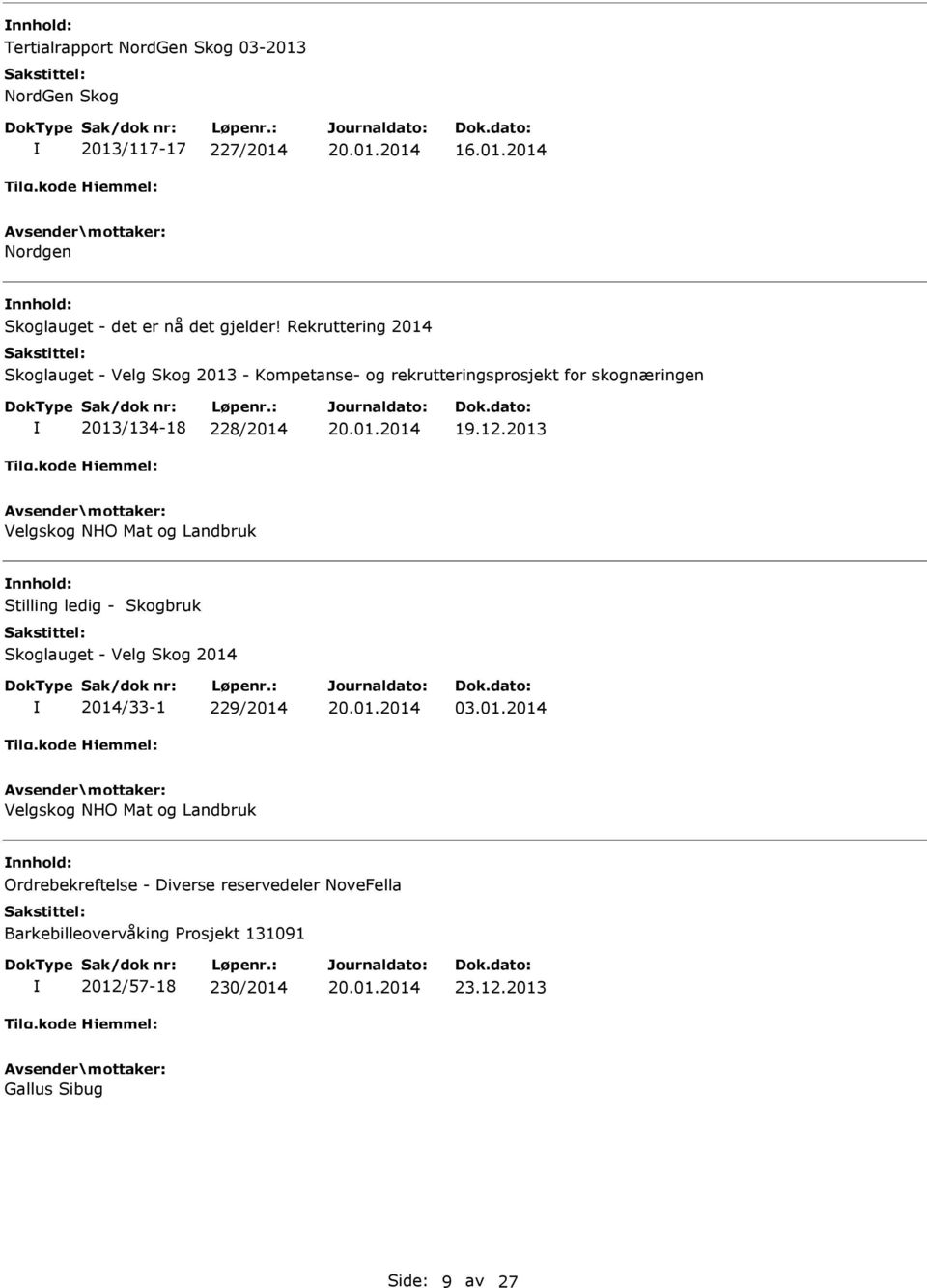 2013 Velgskog NHO Mat og Landbruk Stilling ledig - Skogbruk Skoglauget - Velg Skog 2014 2014/33-1 229/2014 03.01.2014 Velgskog NHO Mat