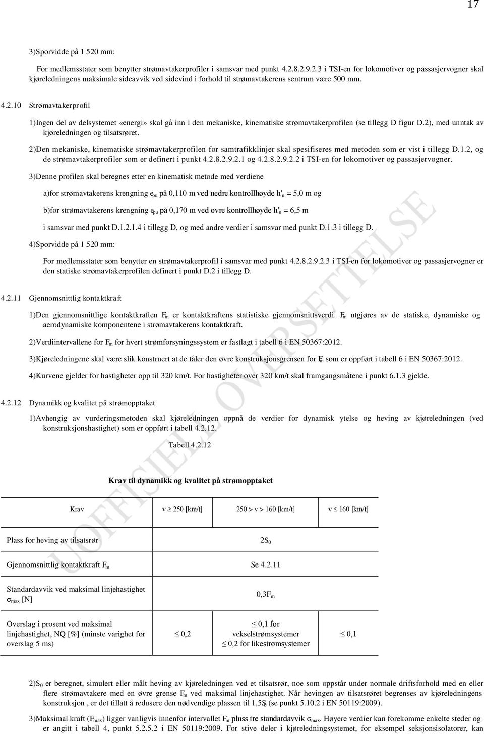 2)Den mekaniske, kinematiske strømavtakerprofilen for samtrafikklinjer skal spesifiseres med metoden som er vist i tillegg D.1.2, og de strømavtakerprofiler som er definert i punkt 4.2.8.2.9.2.1 og 4.