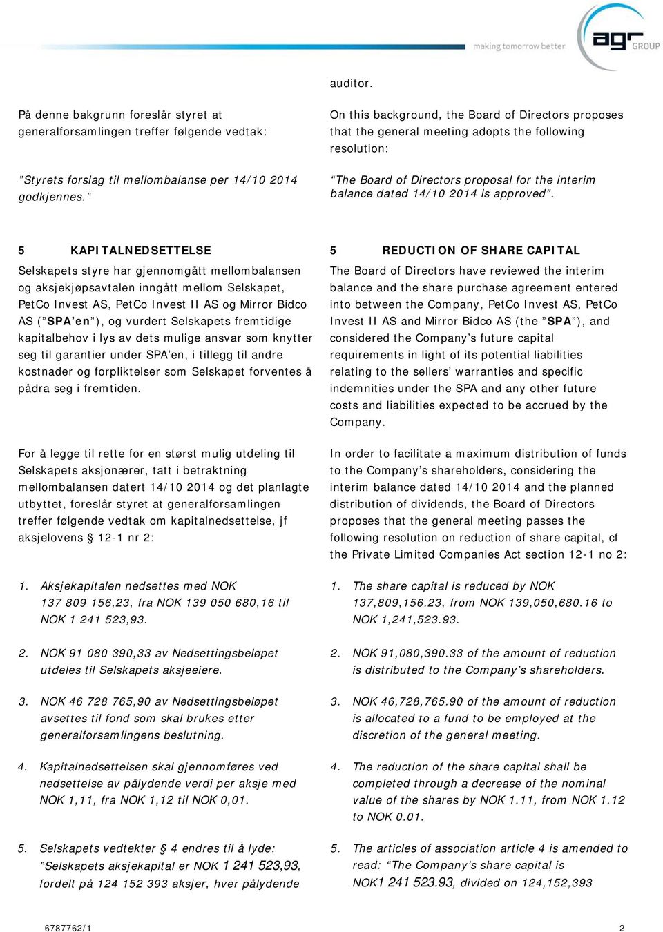 forslag til mellombalanse per 14/10 2014 godkjennes. The Board of Directors proposal for the interim balance dated 14/10 2014 is approved.