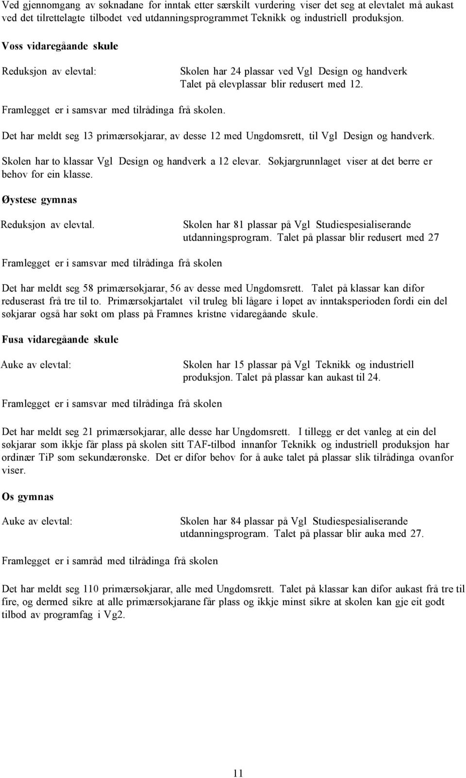 Det har meldt seg 13 primærsøkjarar, av desse 12 med Ungdomsrett, til Vgl Design og handverk. Skolen har to klassar Vgl Design og handverk a 12 elevar.