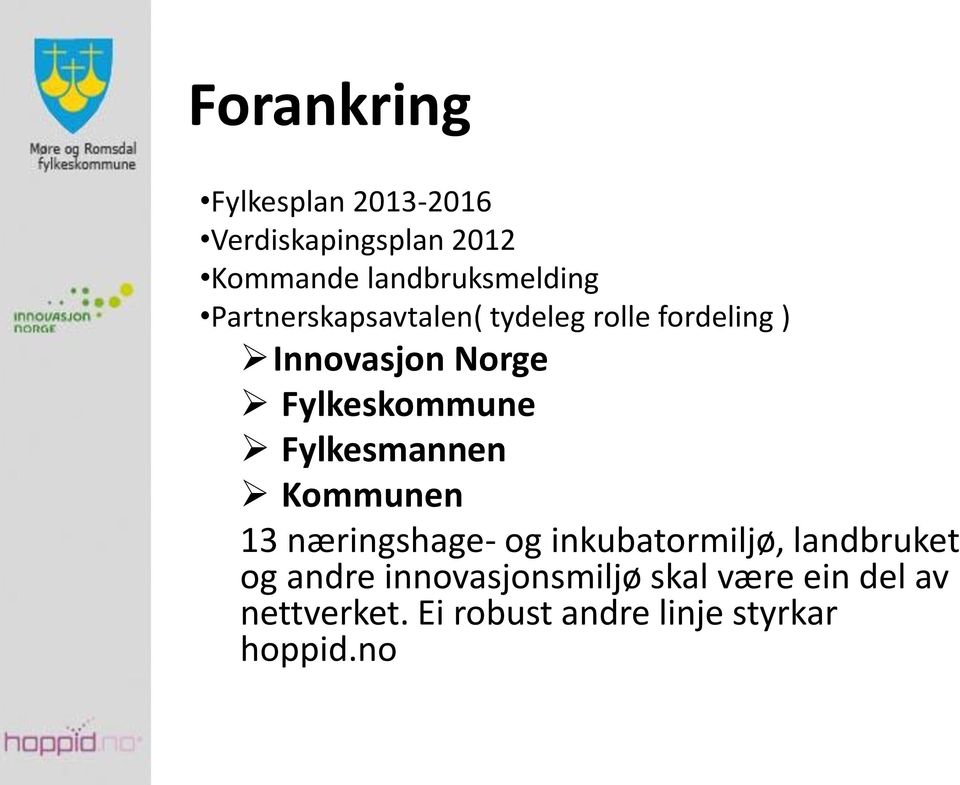 Fylkesmannen Kommunen 13 næringshage- og inkubatormiljø, landbruket og andre