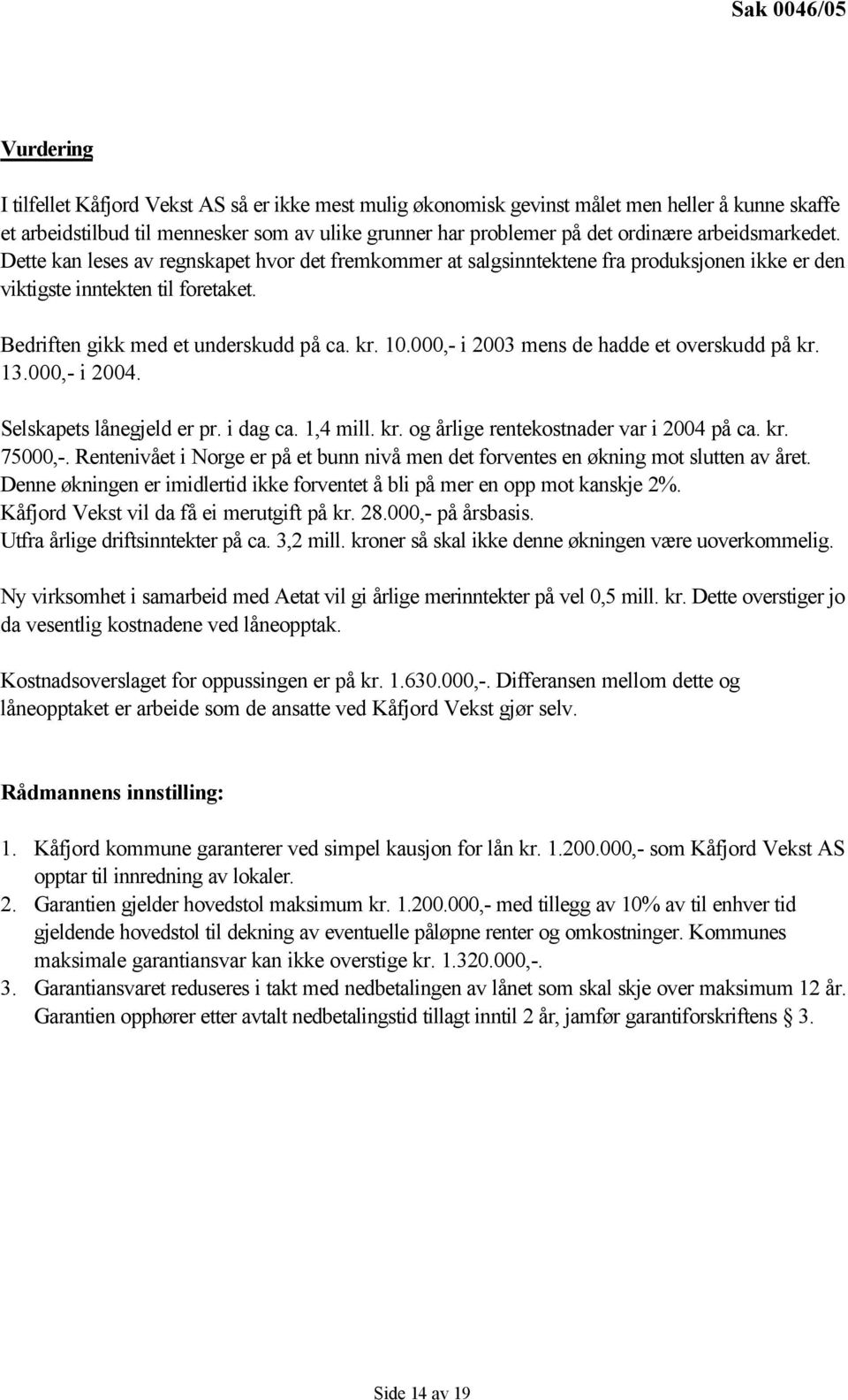 kr. 10.000,- i 2003 mens de hadde et overskudd på kr. 13.000,- i 2004. Selskapets lånegjeld er pr. i dag ca. 1,4 mill. kr. og årlige rentekostnader var i 2004 på ca. kr. 75000,-.