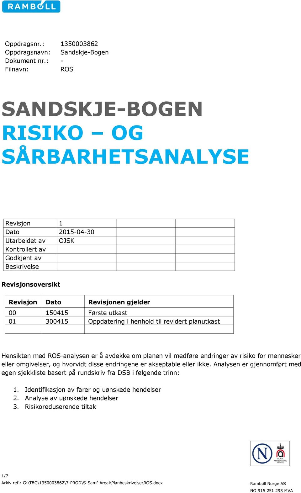 Revisjonen gjelder 00 150415 Første utkast 01 300415 Oppdatering i henhold til revidert planutkast Hensikten med ROS-analysen er å avdekke om planen vil medføre endringer av