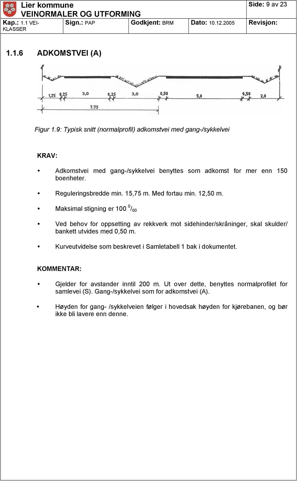 Med fortau min. 12,50 m. Maksimal stigning er 100 0 / 00 Ved behov for oppsetting av rekkverk mot sidehinder/skråninger, skal skulder/ bankett utvides med 0,50 m.