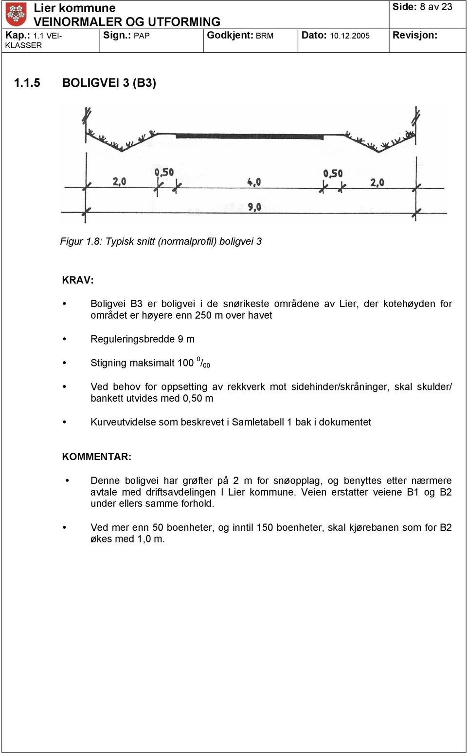 m Stigning maksimalt 100 0 / 00 Ved behov for oppsetting av rekkverk mot sidehinder/skråninger, skal skulder/ bankett utvides med 0,50 m Kurveutvidelse som beskrevet i Samletabell 1