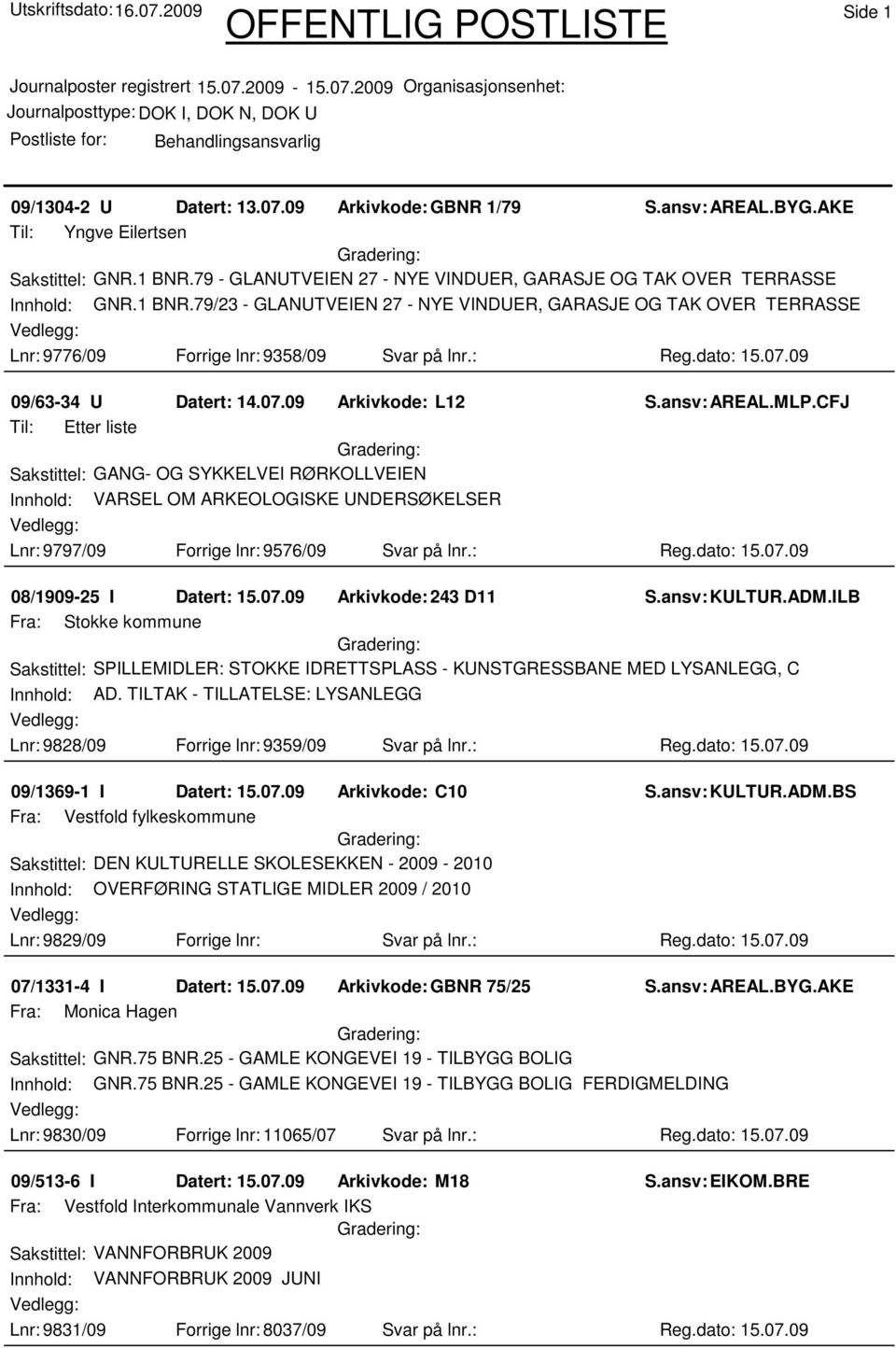 : Reg.dato: 15.07.09 09/63-34 U Datert: 14.07.09 Arkivkode: L12 S.ansv: AREAL.MLP.