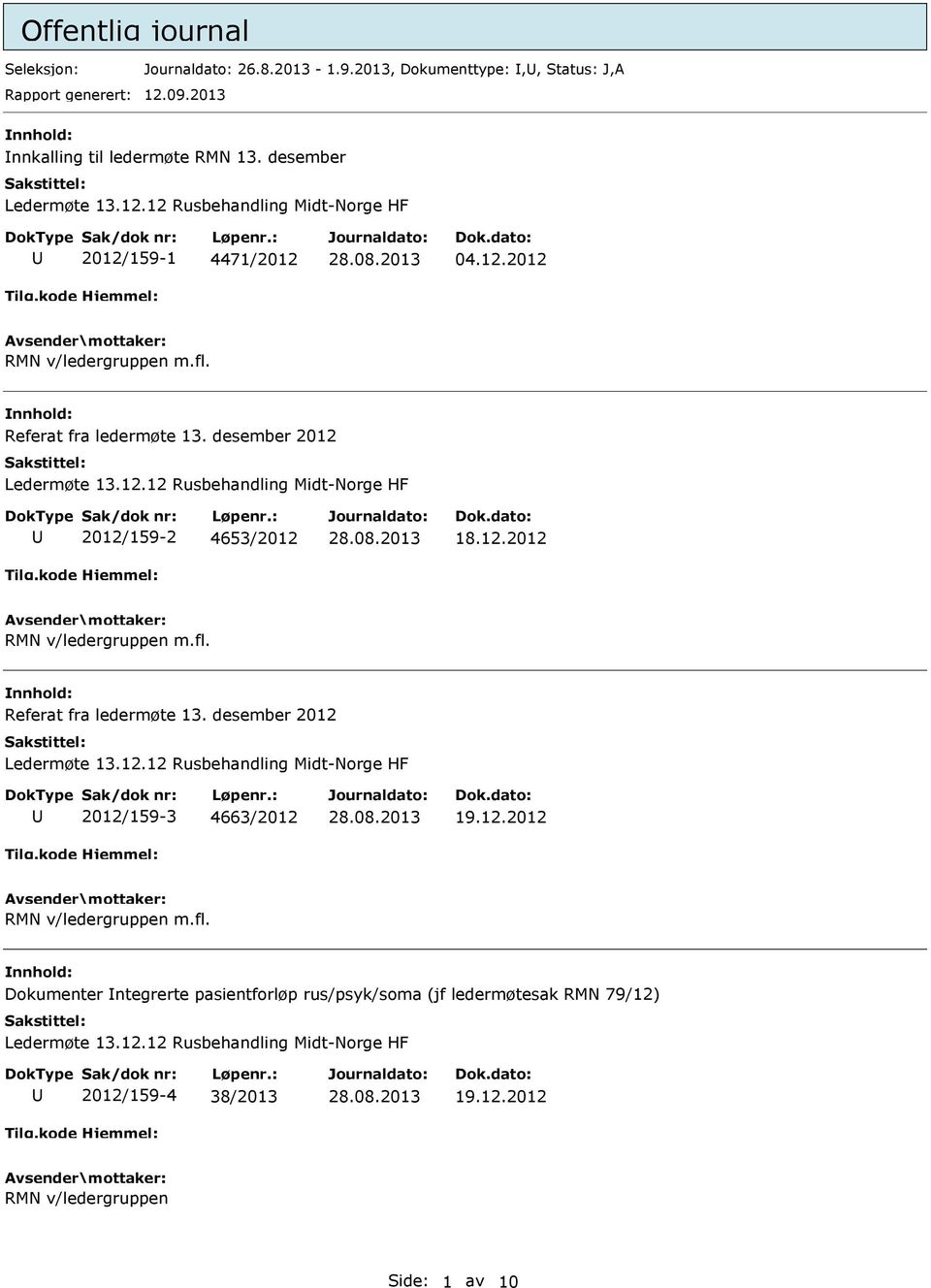 12.2012 RMN v/ledergruppen m.fl. Dokumenter ntegrerte pasientforløp rus/psyk/soma (jf ledermøtesak RMN 79/12) Ledermøte 13.12.12 Rusbehandling Midt-Norge HF 2012/159-4 38/2013 19.12.2012 RMN v/ledergruppen Side: 1 av 10