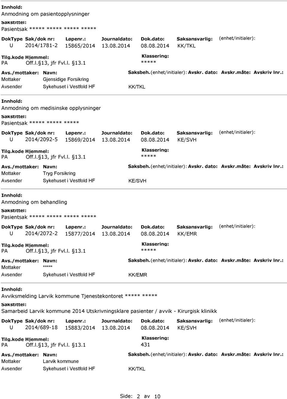 : Mottaker Tryg Forsikring Anmodning om behandling Pasientsak 2014/2072-2 15877/2014 KK/EMR Avs./mottaker: Navn: Saksbeh. Avskr. dato: Avskr.måte: Avskriv lnr.