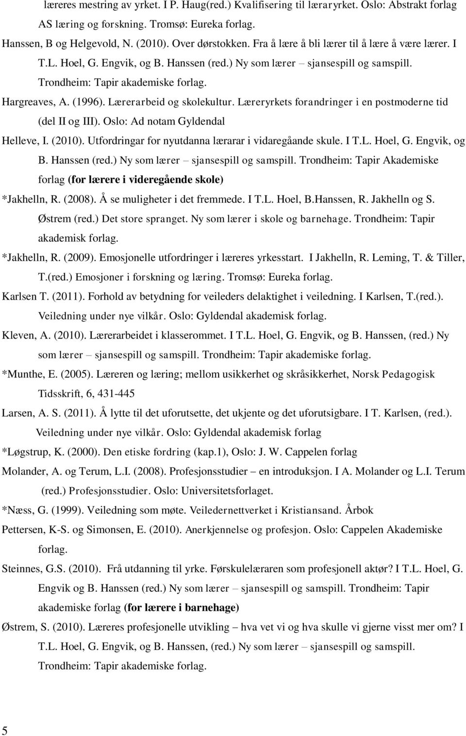 Lærerarbeid og skolekultur. Læreryrkets forandringer i en postmoderne tid (del II og III). Oslo: Ad notam Gyldendal Helleve, I. (2010). Utfordringar for nyutdanna lærarar i vidaregåande skule. I T.L. Hoel, G.