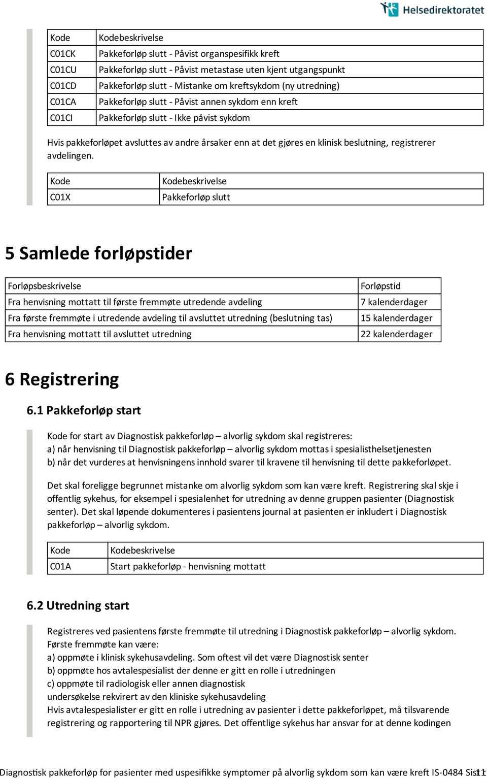 C01X Pakkeforløp slutt 5 Samlede forløpstider Forløpsbeskrivelse Fra henvisning mottatt til første fremmøte utredende avdeling Fra første fremmøte i utredende avdeling til avsluttet utredning