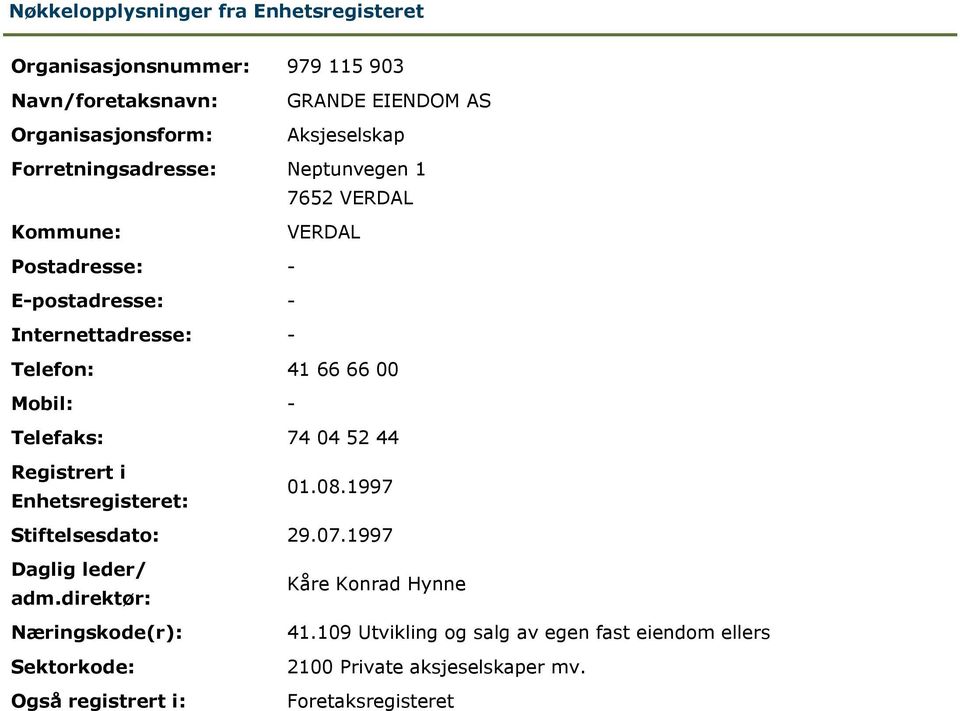 Telefaks: 74 04 52 44 Registrert i Enhetsregisteret: 01.08.1997 Stiftelsesdato: 29.07.1997 Daglig leder/ adm.