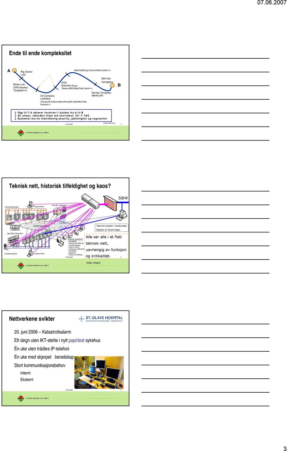 Systemet må ha tilstrekkelig security, pålitelighet og regularitet Kilde:OilCamp 07.06.2007 7 Teknisk nett, historisk tilfeldighet og kaos? S@W Teknisk system i kontornett. Bypass av brannvegg.