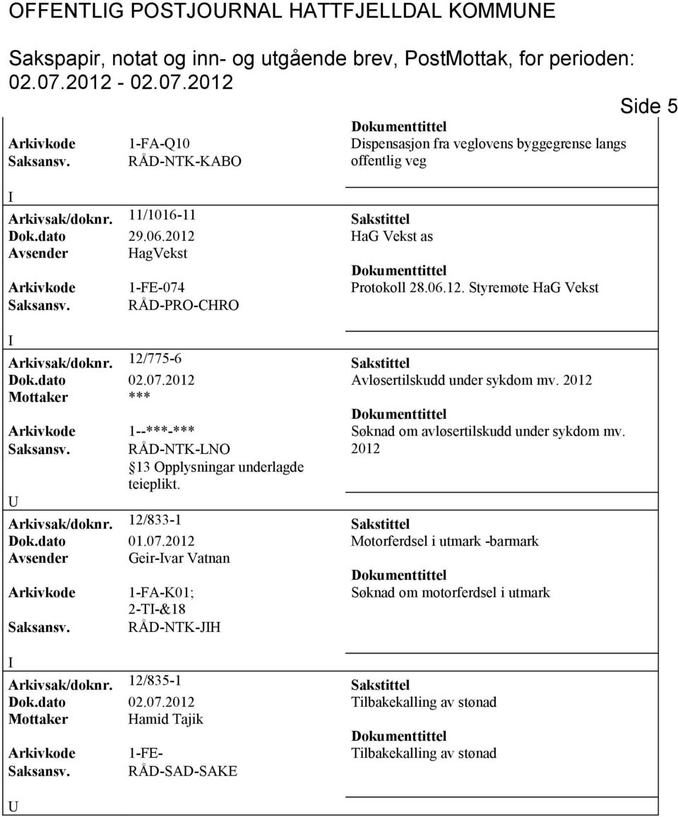 2012 Mottaker *** Arkivkode 1--***-*** Søknad om avløsertilskudd under sykdom mv. 2012 Arkivsak/doknr. 12/833-1 Sakstittel Dok.dato 01.07.