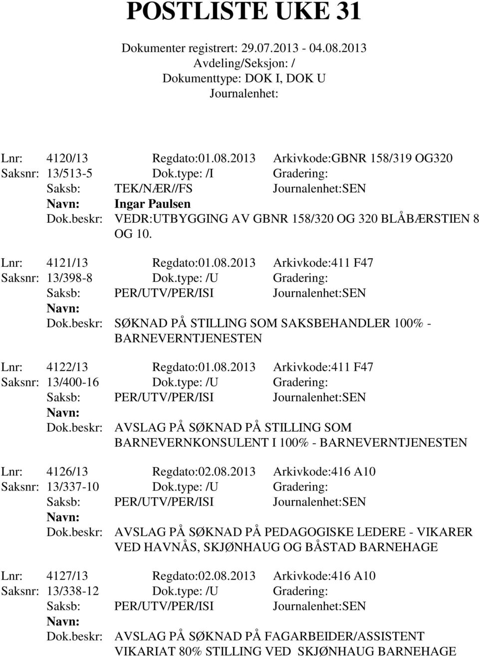 beskr: SØKNAD PÅ STILLING SOM SAKSBEHANDLER 100% - BARNEVERNTJENESTEN Lnr: 4122/13 Regdato:01.08.2013 Arkivkode:411 F47 Saksnr: 13/400-16 Dok.type: /U Gradering: Dok.