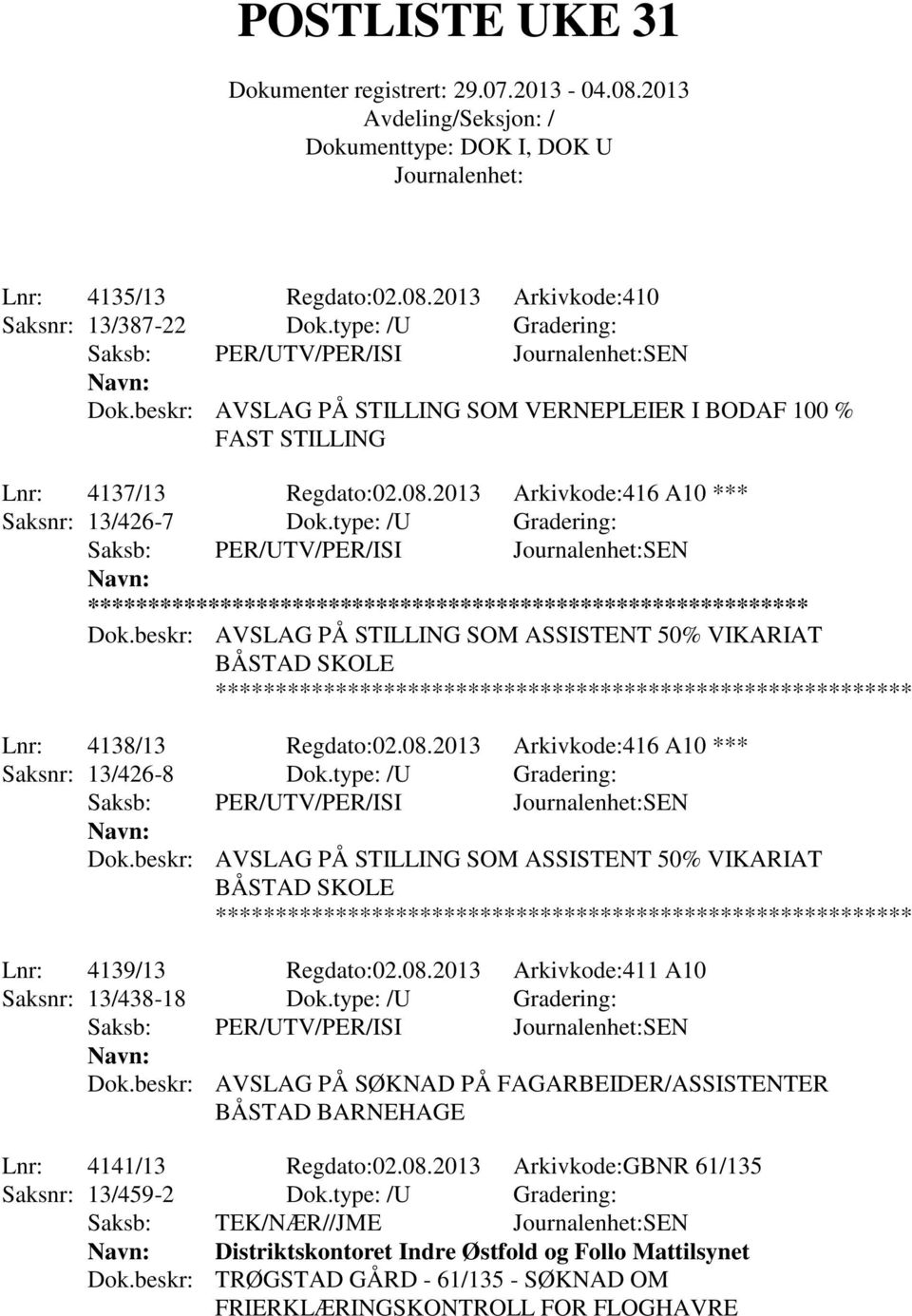 beskr: AVSLAG PÅ STILLING SOM ASSISTENT 50% VIKARIAT BÅSTAD SKOLE Lnr: 4139/13 Regdato:02.08.2013 Arkivkode:411 A10 Saksnr: 13/438-18 Dok.type: /U Gradering: Dok.