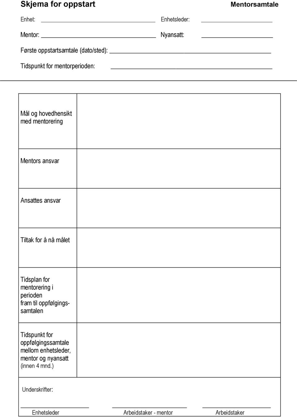 nå målet Tidsplan for mentorering i perioden fram til oppfølgingssamtalen Tidspunkt for oppfølgingssamtale