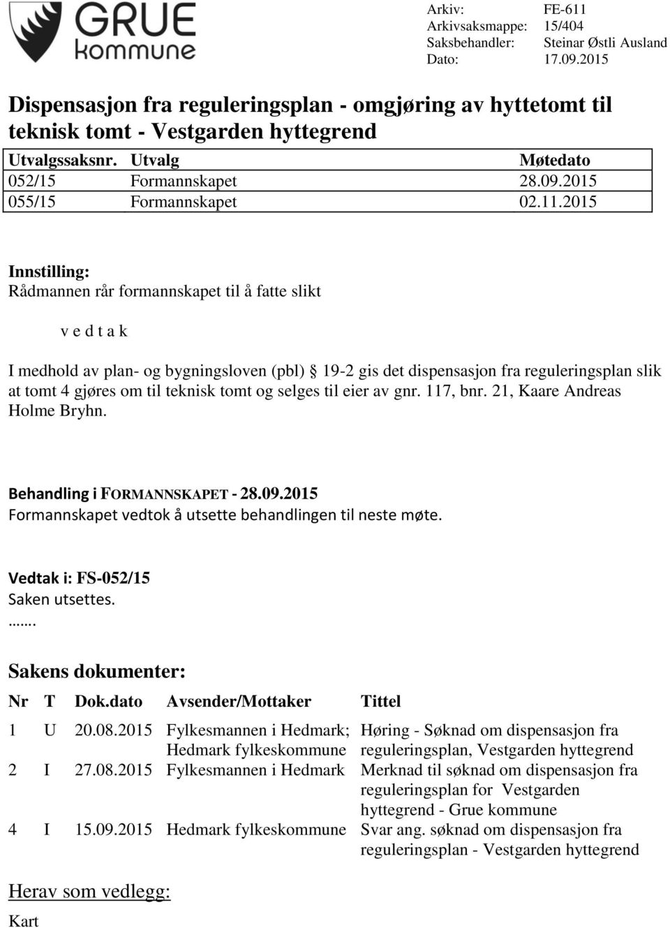 2015 Innstilling: Rådmannen rår formannskapet til å fatte slikt v e d t a k I medhold av plan- og bygningsloven (pbl) 19-2 gis det dispensasjon fra reguleringsplan slik at tomt 4 gjøres om til