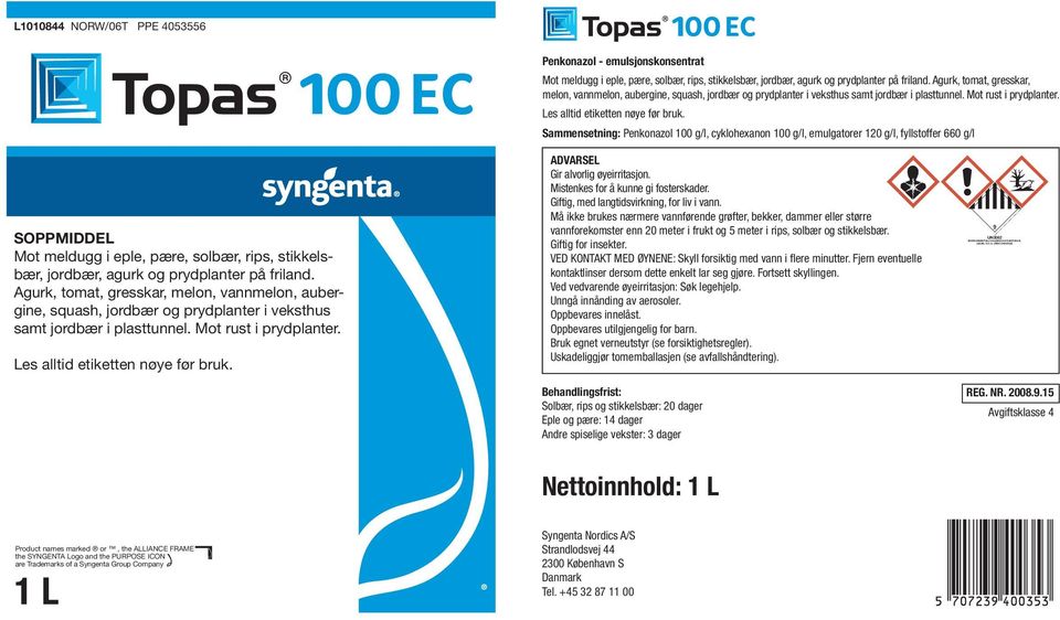 Sammensetning: Penkonazol 100 g/l, cyklohexanon 100 g/l, emulgatorer 120 g/l, fyllstoffer 660 g/l SOPPMIDDEL Mot meldugg i eple, pære, solbær, rips, stikkelsbær, jordbær, agurk og prydplanter på