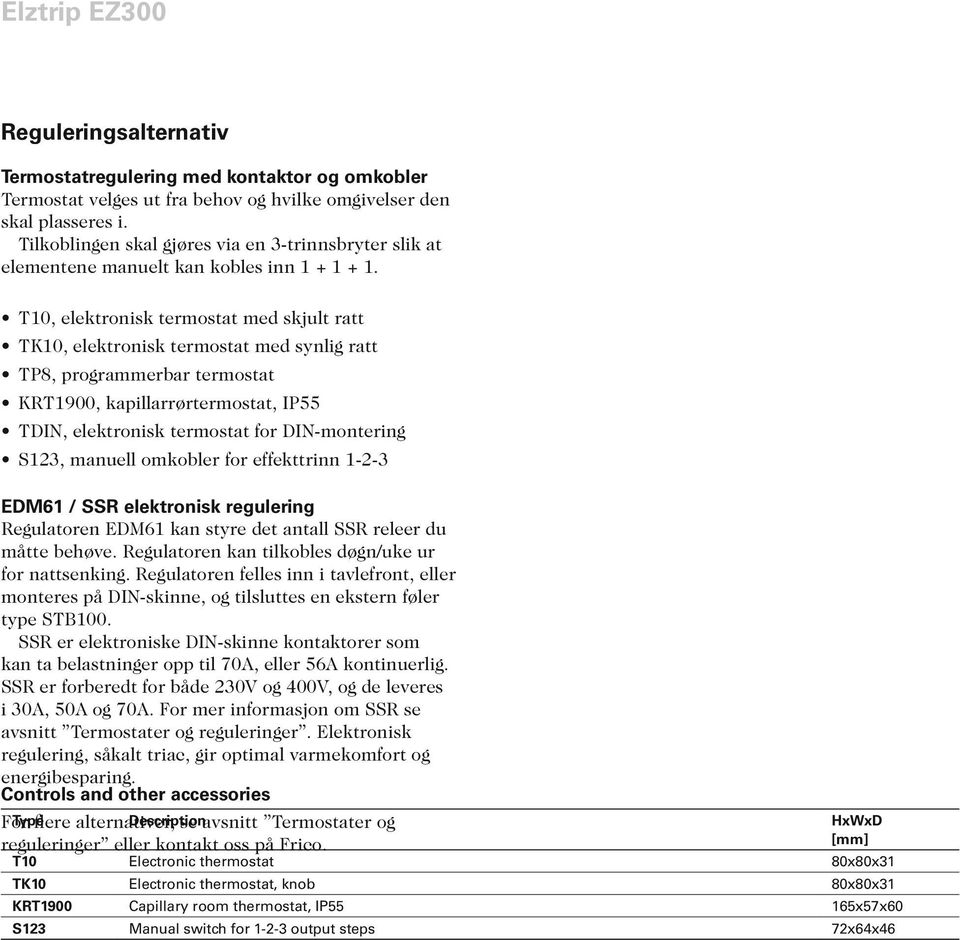 T10, elektronisk termostat med skjult ratt TK10, elektronisk termostat med synlig ratt TP8, programmerbar termostat KRT1900, kapillarrørtermostat, IP55 TDI, elektronisk termostat for DI-montering