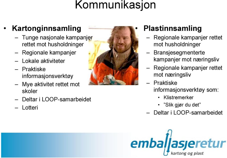 Plastinnsamling Regionale kampanjer rettet mot husholdninger Bransjesegmenterte kampanjer mot næringsliv