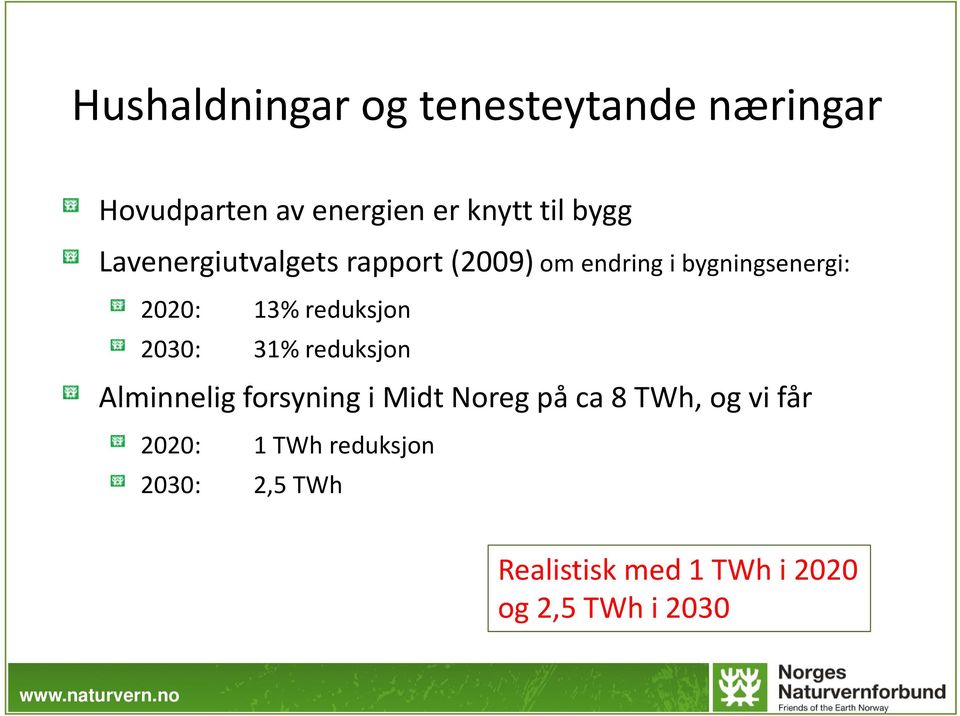 reduksjon 2030: 31% reduksjon Alminnelig forsyning i Midt Noreg på ca 8 TWh, og