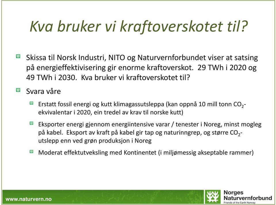 Svara våre Erstatt fossil energi og kutt klimagassutsleppa (kan oppnå 10 mill tonn CO 2 ekvivalentar i 2020, ein tredel av krav til norske kutt) Eksporter