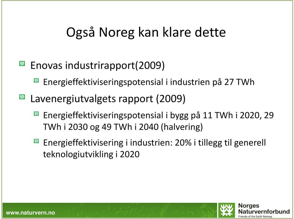 (2009) Energieffektiviseringspotensial i bygg på 11 TWh i 2020, 29 TWh i 2030 og 49