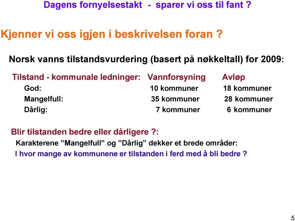 Vannforsyning Avløp God: 10 kommuner 18 kommuner Mangelfull: 35 kommuner 28 kommuner Dårlig: 7 kommuner