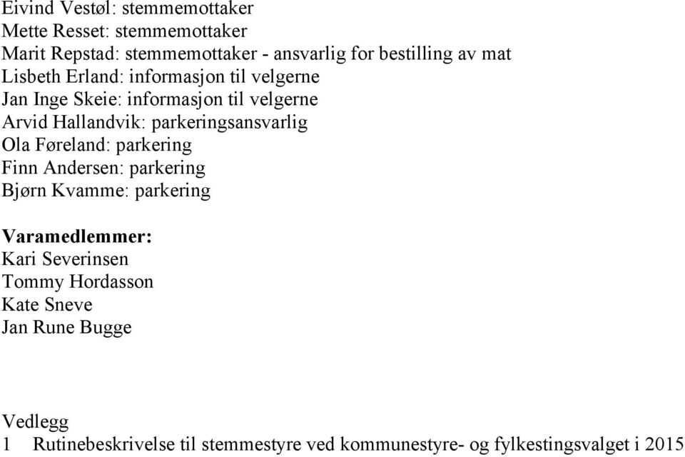 parkeringsansvarlig Ola Føreland: parkering Finn Andersen: parkering Bjørn Kvamme: parkering Varamedlemmer: Kari