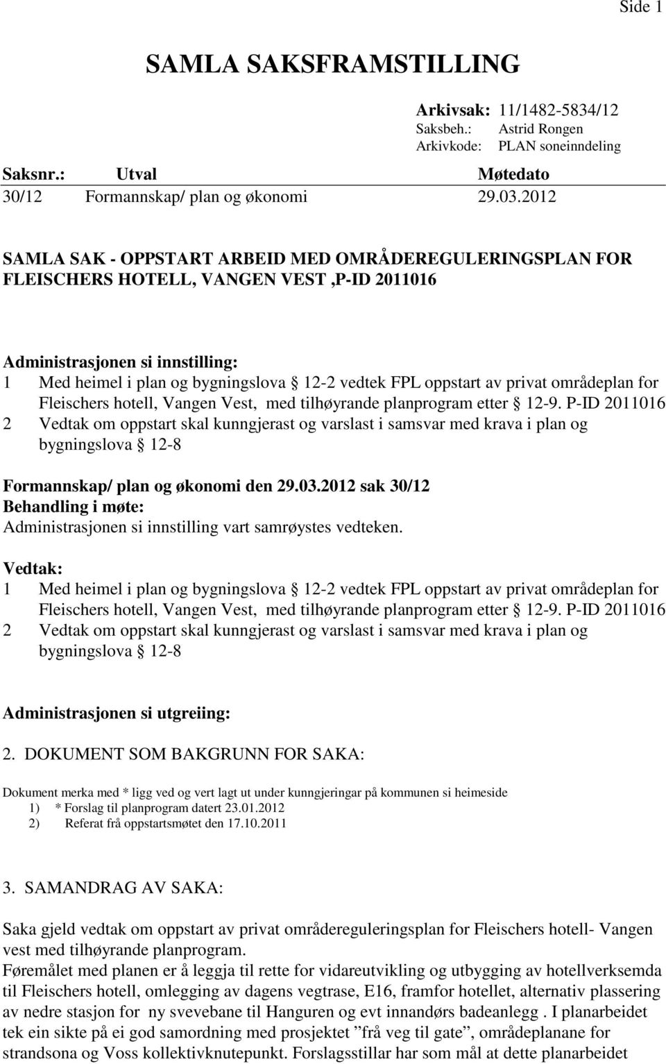 bygningslova 12-2 vedtek FPL oppstart av privat områdeplan for Fleischers hotell, Vangen Vest, med tilhøyrande planprogram etter 12-9.