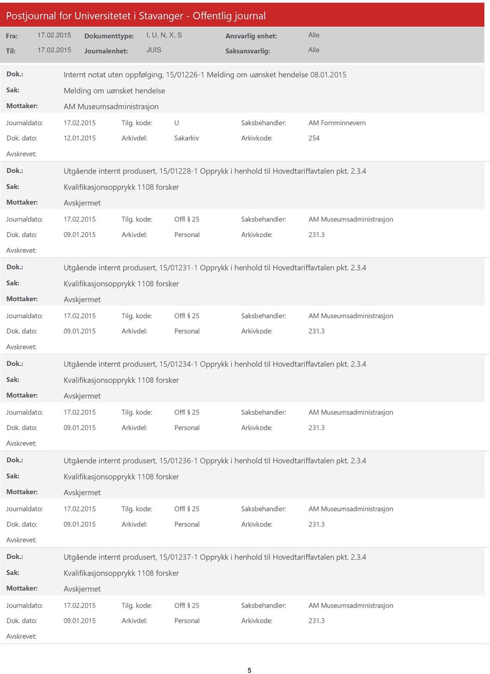 4 tgående internt produsert, 15/01231-1 Opprykk i henhold til Hovedtariffavtalen pkt. 2.3.4 tgående internt produsert, 15/01234-1 Opprykk i henhold til Hovedtariffavtalen pkt.