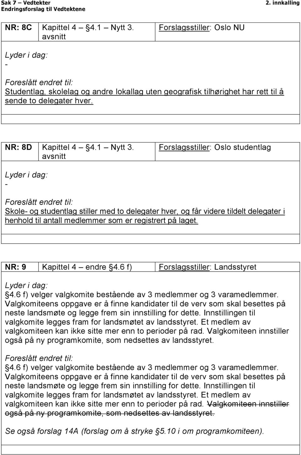 avsnitt Forslagsstiller: Oslo studentlag Skole og studentlag stiller med to delegater hver, og får videre tildelt delegater i henhold til antall medlemmer som er registrert på laget.