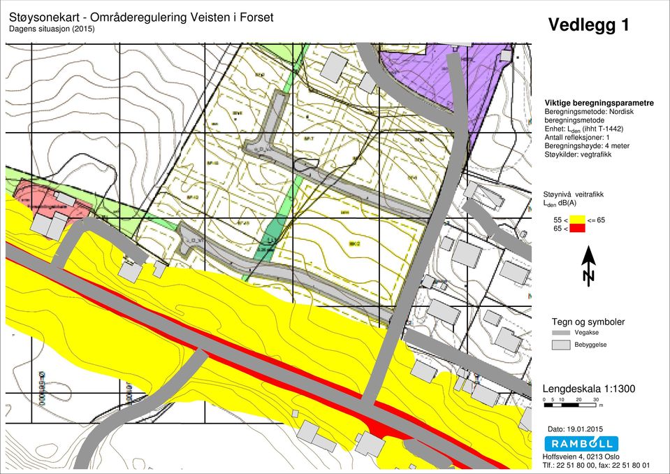 meter Støykilder: vegtrafikk Støynivå veitrafikk L den db(a) 55 < <= 65 65 < Tegn og symboler Vegakse