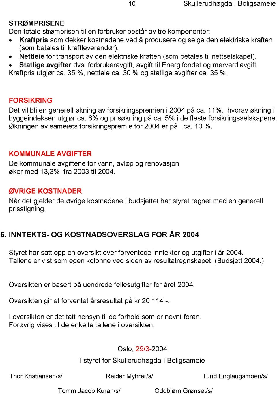 Kraftpris utgjør ca. 35 %, nettleie ca. 30 % og statlige avgifter ca. 35 %. FORSIKRING Det vil bli en generell økning av forsikringspremien i 2004 på ca. 11%, hvorav økning i byggeindeksen utgjør ca.