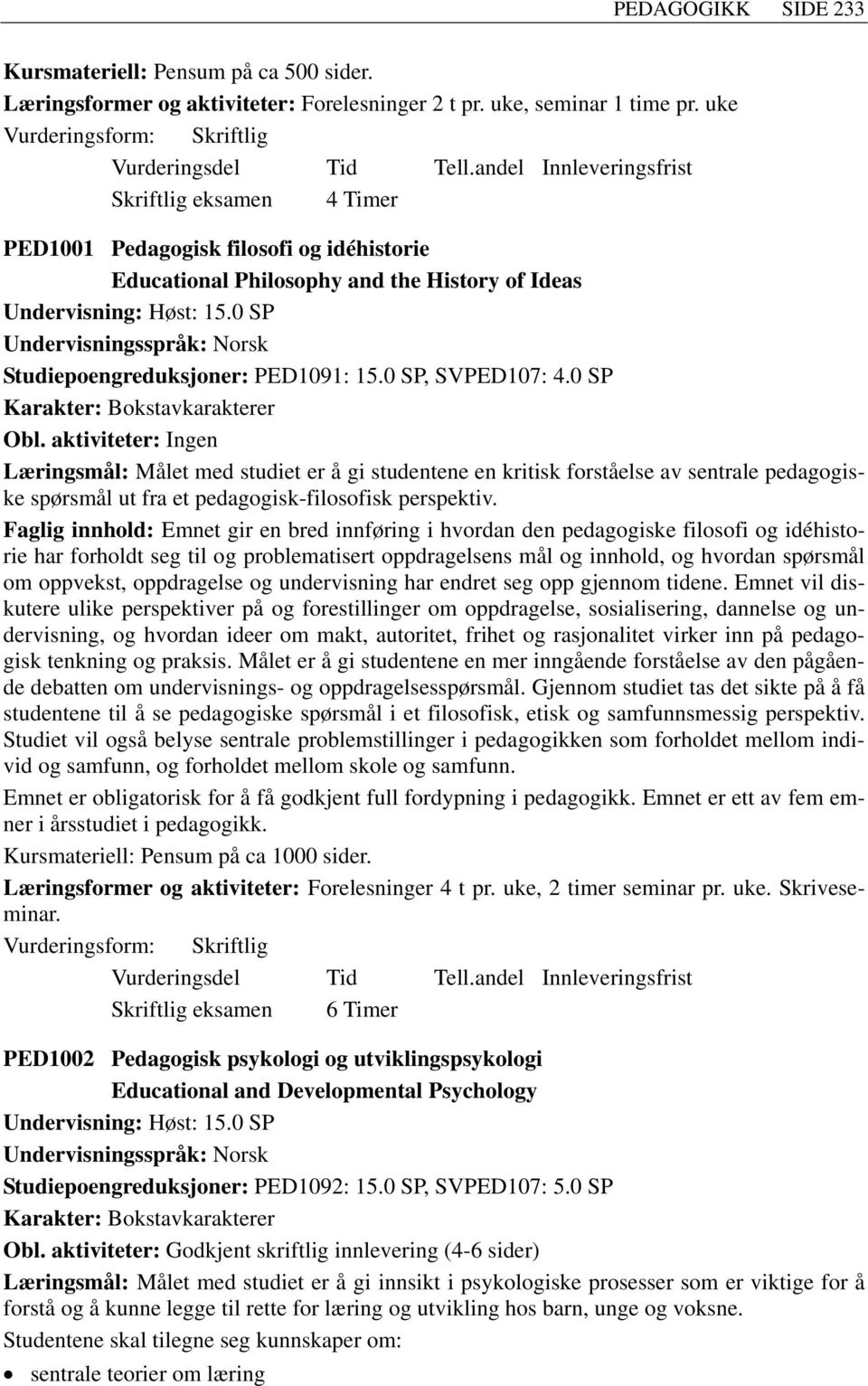 0 SP Studiepoengreduksjoner: PED1091: 15.0 SP, SVPED107: 4.0 SP Obl.