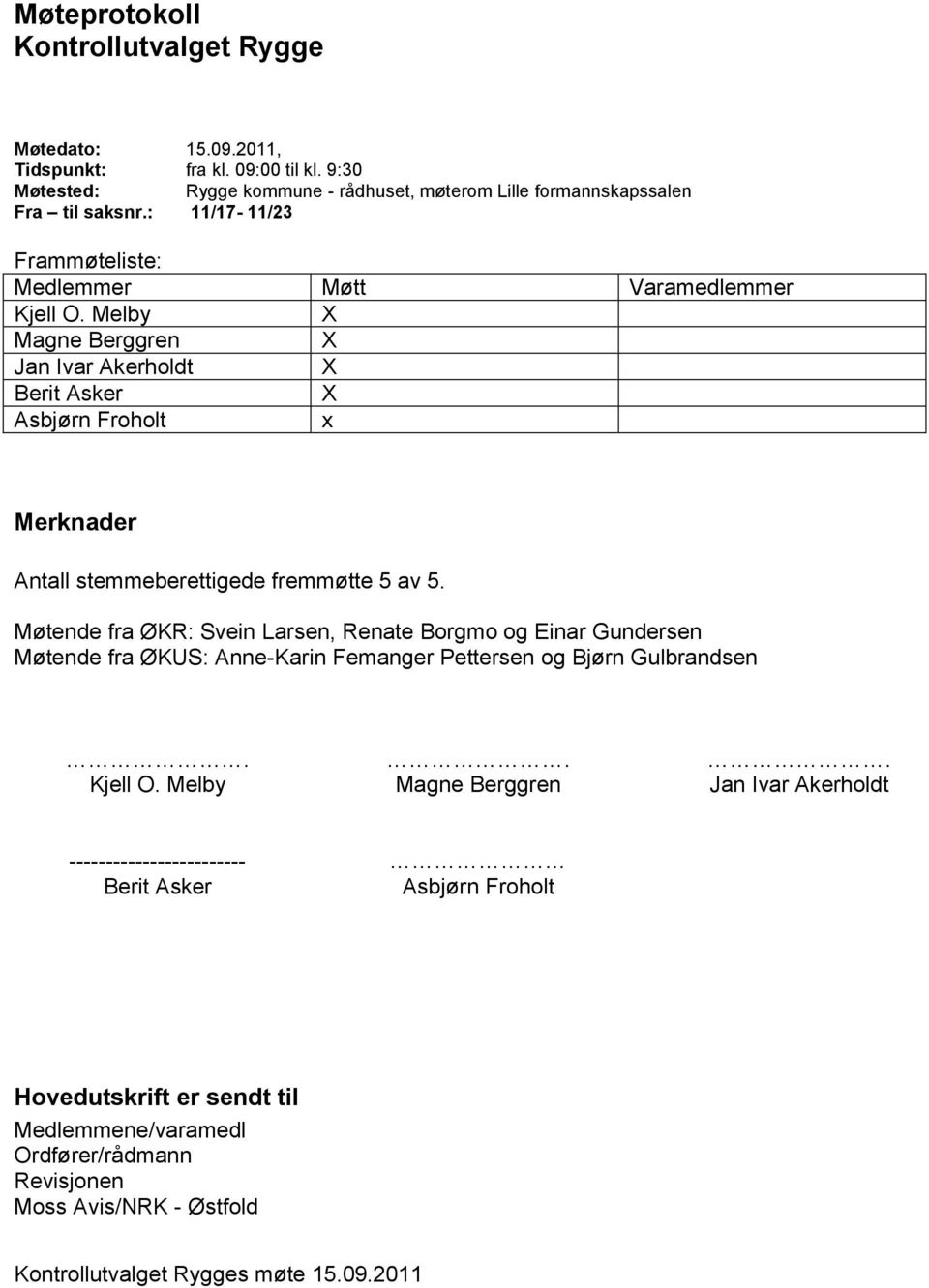 Melby Magne Berggren Jan Ivar Akerholdt Berit Asker Asbjørn Froholt x Merknader Antall stemmeberettigede fremmøtte 5 av 5.