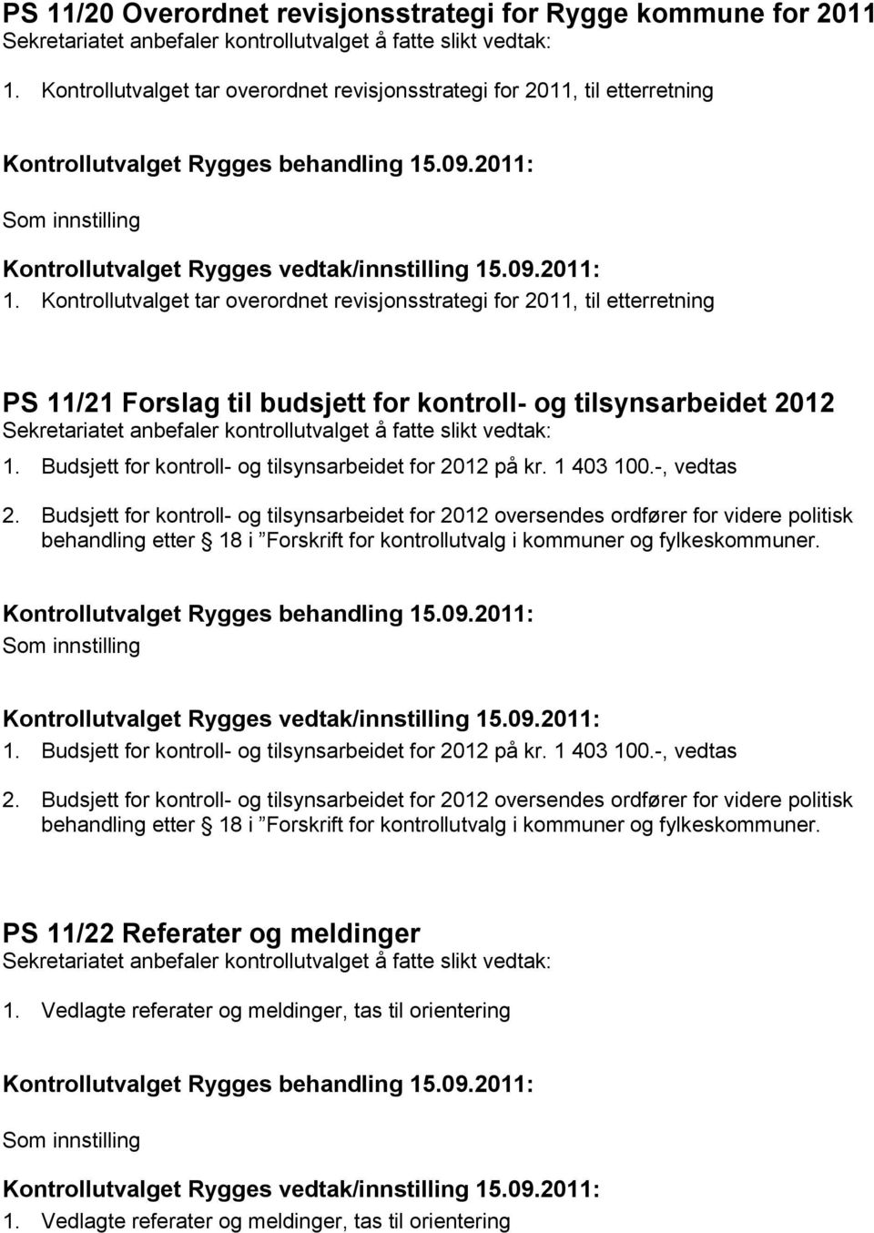 Budsjett for kontroll- og tilsynsarbeidet for 2012 på kr. 1 403 100.-, vedtas 2.