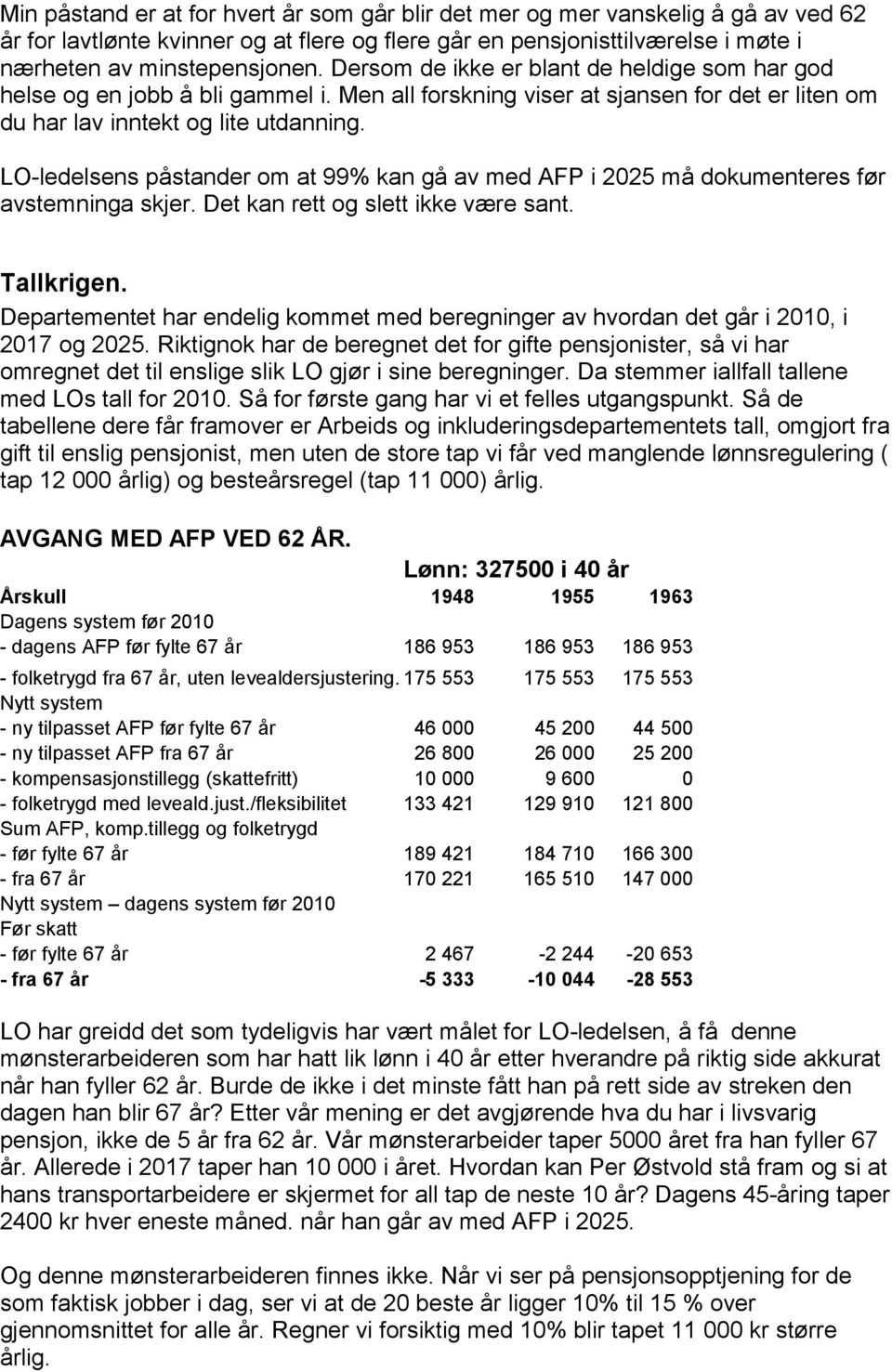 LO-ledelsens påstander om at 99% kan gå av med AFP i 2025 må dokumenteres før avstemninga skjer. Det kan rett og slett ikke være sant. Tallkrigen.